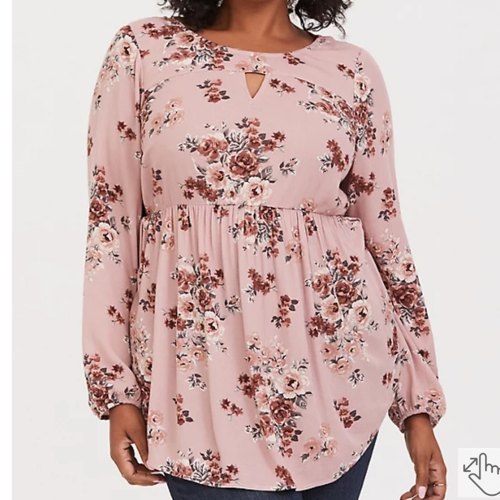 Torrid Pink Floral Gauze Babydoll Tunic Blouse, Long Sleeves, size 1